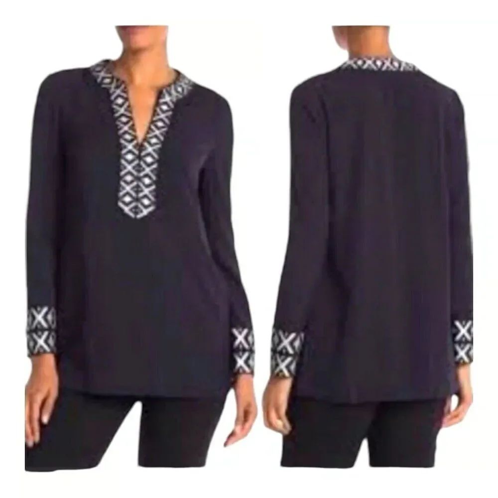Tory Burch Womens Tunic With Taping Top Sz 2 Navy Blue Embroidered Sleeve NWT